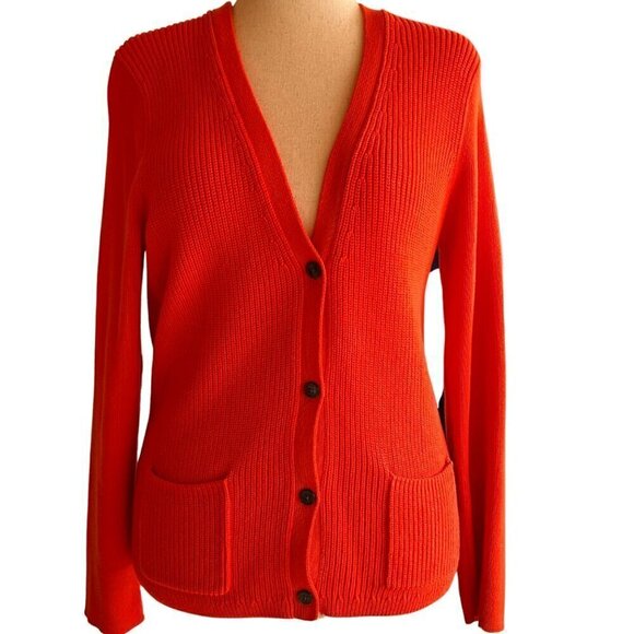 Lands End Cotton Cardigan Sweater Size LP Orange - Picture 1 of 4